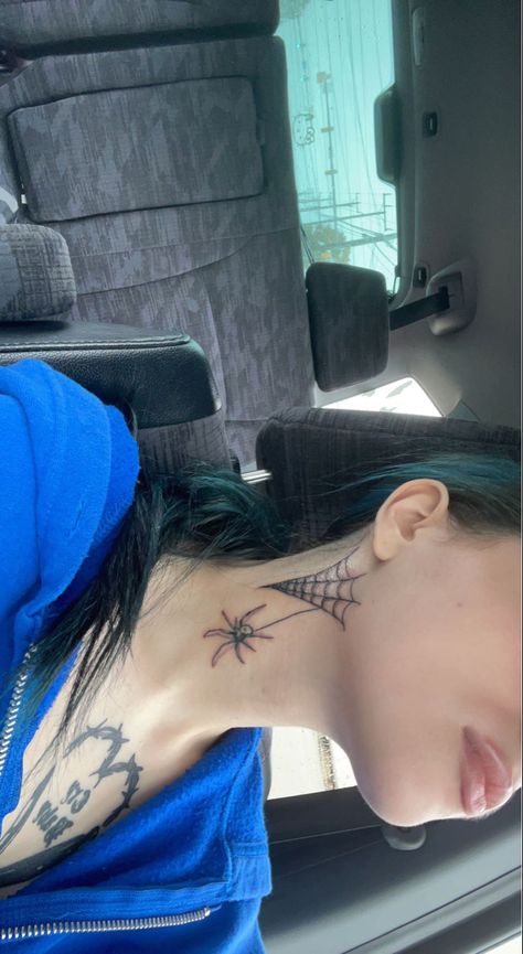 Neck Web Tattoo, Neck Tattoos Spider, Spider On Neck Tattoo, Spider Neck Tattoos Women, Spider Neck Tattoo Men, Spiderweb Face Tattoo, Tattoo Ideas Female Spider, Grunge Neck Tattoo, Spider Tattoo Neck