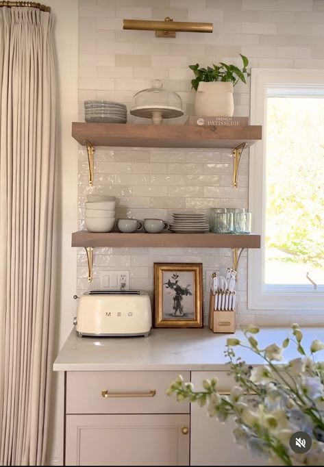 Simple Kitchen Shelf Decor, Open Shelves Above Kitchen Sink, Kitchen Backsplash Open Shelving, Styled Kitchen Shelves, Apartment Kitchen Open Shelving, Hosting Kitchen, Small White Kitchen Backsplash Ideas, Shelves By Stove, Kitchen Corner Wall Ideas