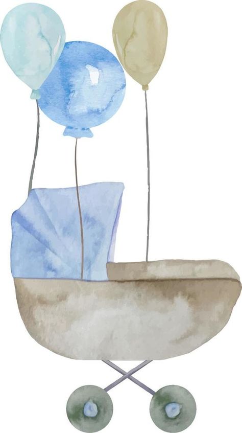 Watercolor baby boy blue stroller with balloons illustration. Its a boy set New Baby Illustration, Baby Watercolor Painting, Baby Boy Illustration, Blue Stroller, Baby Boy Watercolor, Balloons Illustration, Painting Basics, Shower Art, Coloring For Boys