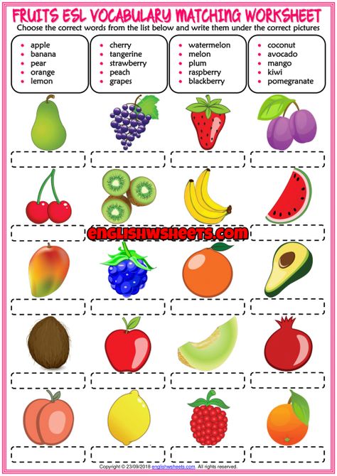 Fruits ESL Vocabulary Matching Exercise Worksheet For Kids Fruit Vocabulary English, Fruits Worksheets For Kids, Fruit Worksheet, Teach English To Kids, English Grammar For Kids, Grammar For Kids, Esl Vocabulary, Worksheet For Kids, Fruits For Kids