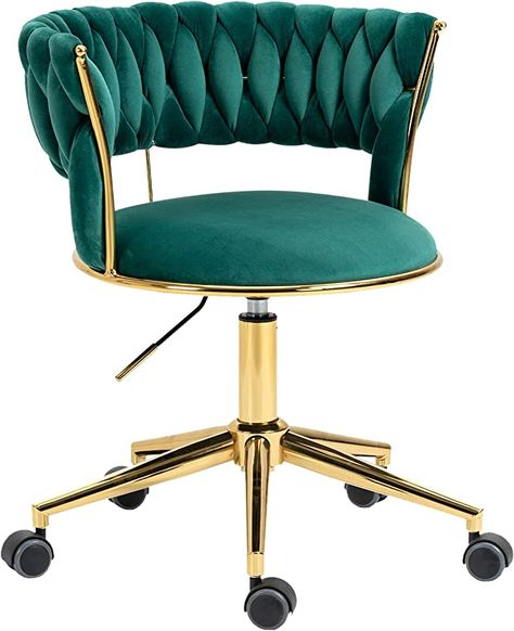 NIOIIKIT Velvet Office Desk Chair with Hand Woven Backrest, 360° Swivel & Height Adjustable Task Chairs, Makeup Chair, Computer Chair, Living Room Chairs with Stainless Base and 5 Wheels (Emerald) Velvet Office Chair, Makeup Chair, Chairs For Small Spaces, Bedroom Dressing Table, Adjustable Chairs, Computer Desk Chair, Modern Office Chair, Vanity Chair, Swivel Office Chair