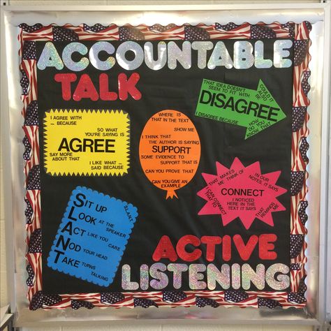 Accountable Talk / Active Listening bulletin board ... 2017-18 school year, Rossview 8th grade Collaborative Conversations, Classroom Communication, Elementary Bulletin Boards, Partner Talk, Accountable Talk, Turn And Talk, Classroom Idea, Class Organization, Ap World History