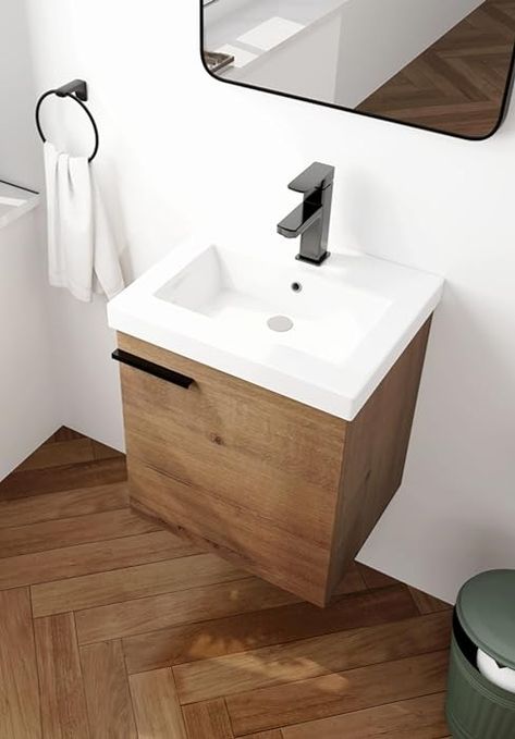 Amazon.com: 18" Bathroom Vanity with Sink, 18 Inch Floating Bathroom Vanity for Small Space, Single Sink Bathroom Vanity Combo, Modern Bathroom Vanity, Brown Wall Mounted Cabinet Set(BN-015) : Tools & Home Improvement Small Vanity Sink Ideas, Bathroom Vanity Small Space Floating, Small Vanity Ideas Bathroom, Vanity For Small Space, Small Vanity Sink, Small Bathroom Sink Cabinet, Floating Wood Vanity With Vessel Sink, Small Bathroom Sink, Floating Vanity Lowe's