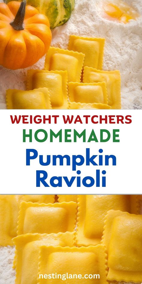 Homemade Pumpkin Ravioli recipe graphic. Homemade Pumpkin Ravioli, Pumpkin Ravioli Recipe, Butter Sage Sauce, Autumn Pasta Recipes, Sage Sauce, Fall Pasta, Weight Watchers Plan, Pumpkin Ravioli, Light Pasta