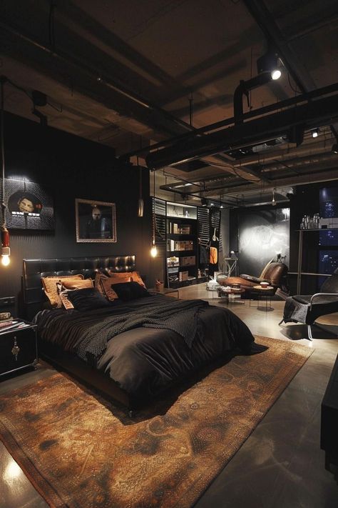 Bachelor Pad Decor Masculine Interior, Bedroom Ideas Masculine, Masculine House, Male Bedroom, Loft Garage, Male Bedroom Ideas, Industrial Living Room Design, Dark Deco, Men's Bedroom