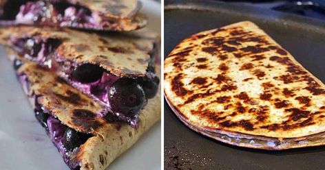 Fast Savory Breakfast, Blueberry Quesadilla, Blueberry Tortilla, Fruit Quesadilla, Boom Sauce, Breakfast Quesadilla, Lunch Appetizers, Blueberry Breakfast, Breakfast Quiche