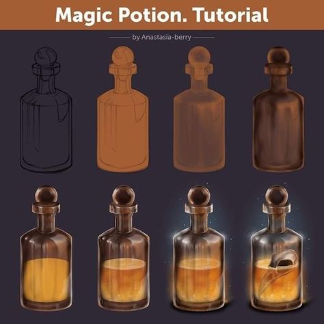 Highly credited to the rightful owner ✔ Potion Tutorial, Cat Eye Tutorial, Shading Drawing, Bottle Drawing, Concept Art Tutorial, Magic Bottles, Digital Painting Techniques, Procreate Ipad Art, Magic Potion