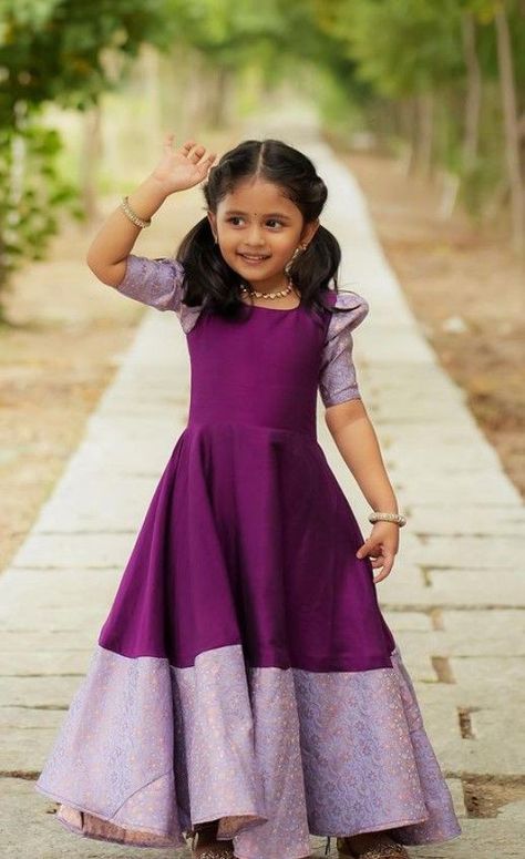 Kids Party Frocks Design, Traditional Frocks For Kids, Saree Frock Dresses For Kids, Kids Pattu Frock Designs, Traditional Dresses For Kids Girl, Pattu Long Frocks For Kids, Kids Long Frocks Design, Long Frock Designs For Kids, Baby Long Frocks Designs