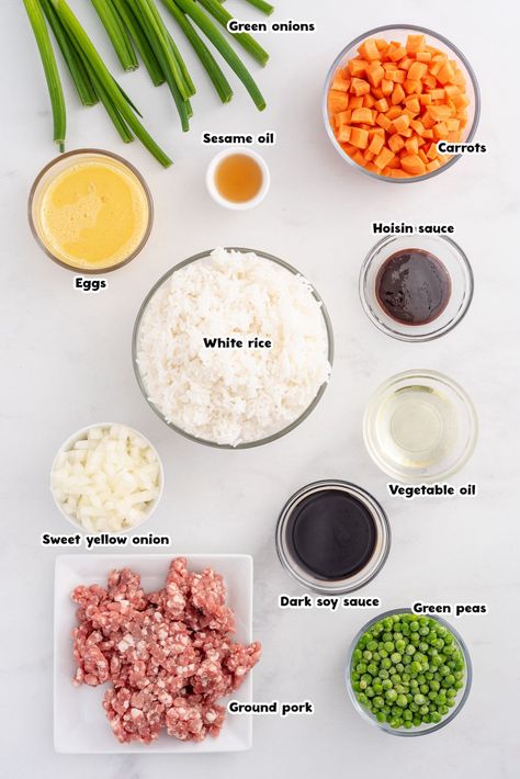 Pork Fried Rice ingredients How To Make Pork Fried Rice, Pork Fried Rice Recipe Easy, Chinese Pork Fried Rice, Rice Patties Recipe, Pork Fried Rice Easy, Pork Fried Rice With Leftover Pork, Korean Fried Rice, Roast Pork Fried Rice, Char Sui Pork Fried Rice