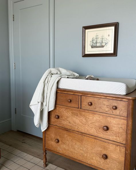 It’s classic. It’s timeless. It’s our sea moss stripe print.🤍 Brown Nursery Walls, Vintage Beach Nursery, Coastal Cottage Nursery, Boy Nursery Colorful, Sage Green Boys Room, Vintage Gender Neutral Nursery, Colonial Nursery, Nursery Ideas Colorful, Classic Boy Nursery