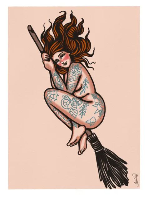 Mixtiles Art - Beautiful framed art that sticks to any wall Witch Trad Tattoo, Vintage Witch Tattoo, American Traditional Witch Tattoo, Witch Pin Up Tattoo, Traditional Witch Tattoo, Traditional Lady Tattoo, Jessica O, Circus Tattoo, Witchcraft Tattoos