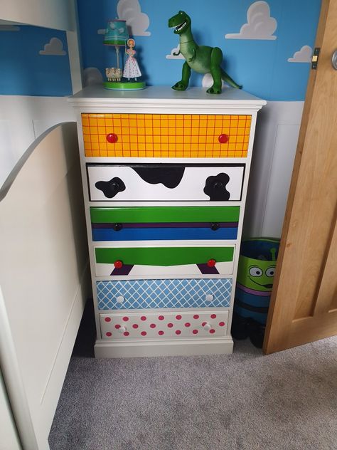 Diy Toy Story Bedroom, Toy Story Theme Bedroom, Toy Story Dresser Diy, Pixar Themed Room, Inside Out Nursery, Disney Dresser Diy, Gender Neutral Toy Story Nursery, Boys Disney Bedroom, Toy Story Boys Room