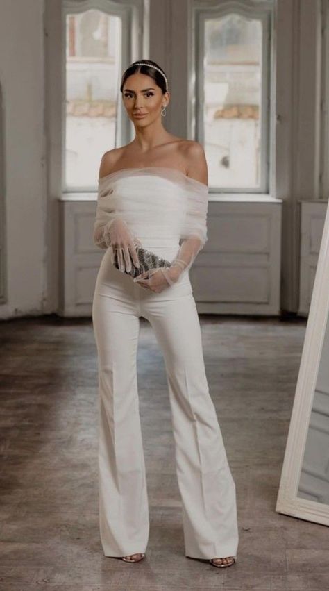 Bridal Outfits Receptions, Rehearsal Dinner Dress Not White, Rehersal Dinner Pantsuit, Brides Outfit For Reception, White Reception Outfit, Wedding Reception Pantsuit, Rehearsal Dinner Pantsuit, Rehearsal Dinner Pants Outfit, Reception Pantsuit For Bride