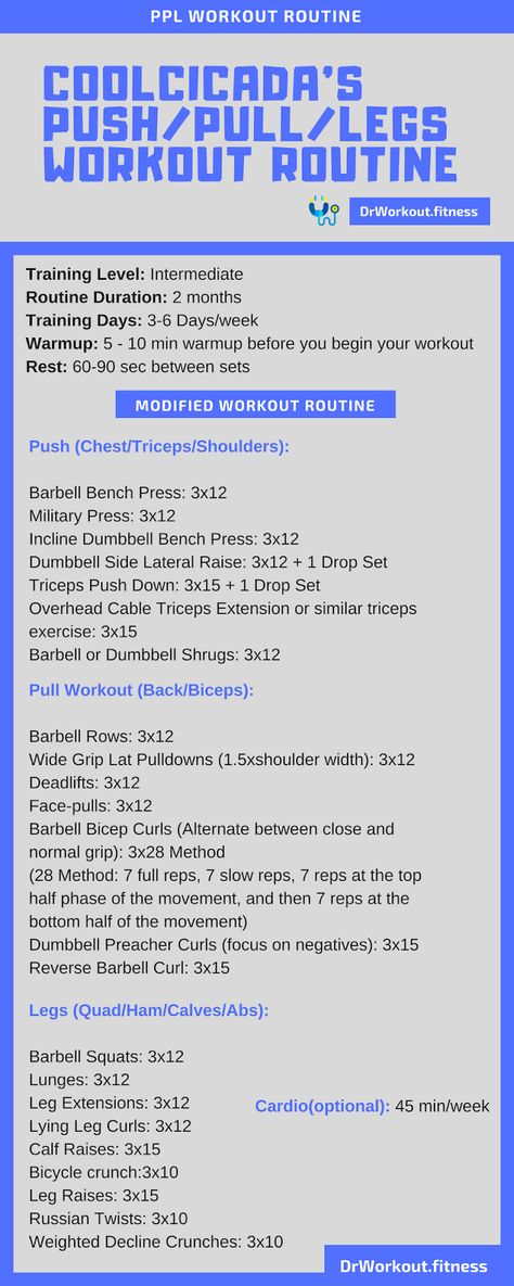 Coolcicada’s Push/Pull/Legs Workout Routine (Modified Version) #intermediate #bodybuilding #workout #workoutroutine #workoutplan #gym Intermediate Exercise Routine, 3 Day Push Pull Workout Routine, Push Pull Legs Split Workout Routines, 3 Day Push Pull Legs Workout, Push Pull Leg Workout Routine, Push Pull Workout Routine Gym, Push Pull Legs Split, Push Pull Workout Routine Women, Push Pull Legs Workout Plan Men