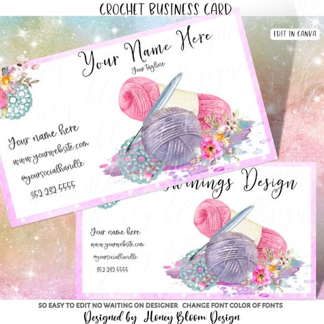 Pink Crochet Business Card, Needlework Business Card, Crochet Yarn Needle Card, Pink Blue Purple Card, Pink Green Floral Crochet Icons onlinelogodesign #needlelogo👁️. Business Card Design Crochet, Crochet Business Cards, Crochet Icons, Free Printable Business Cards, Purple Card, Corporate Logo Design, Business Printables, Bloom Design, Purple Cards