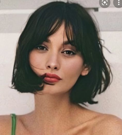 Short Black Hair, Curtain Bangs, Black Hair, Short Hair, Bangs, A Woman, Hair Cuts, Lips, Green