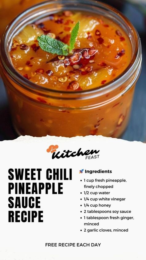 Discover how to make your own Sweet Chili Pineapple Sauce with this simple recipe! Ideal for dipping, drizzling, or marinating, this sauce adds a tropical twist to any dish. Perfect for foodies looking to spice up their culinary creations! #SweetChiliSauce #PineappleSauce #HomemadeCondiments #EasyRecipes Sweet And Tangy Sauce, Sweet Chilli Pineapple Sauce, How To Make Sweet Chili Sauce, Pineapple Sauce Recipes, Sweet Chili Pineapple Sauce, Dip Sauce Recipes, Sweet And Spicy Sauce Recipe, Sweet Chili Dressing, Easy Sauce Recipes