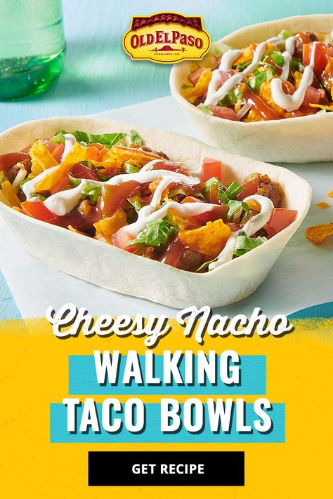 Cheesy Nacho Walking Taco Bowls Soft Tortilla Bowl Recipe Ideas, Soft Tortilla Bowl Recipes, Tortilla Bowls Recipes, Walking Tacos Recipe, Taco Tuesday Recipes, Taco Salad Bowls, Taco Bowl Recipe, Cheesy Nachos, Tortilla Bowls