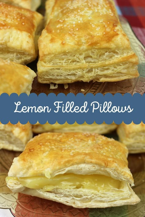 Pillows of puff pastry with lemon pie filling in the center. Puff Pastry Pillows, Puff Pastry And Lemon Pie Filling, What To Make With Lemon Pie Filling, Puff Pastry Pie Filling, Lemon Puff Pastry Recipes, Puff Pastry Lemon Dessert, Lemon Filling Desserts, Recipes Using Lemon Pie Filling, Lemon Puff Pastry Desserts