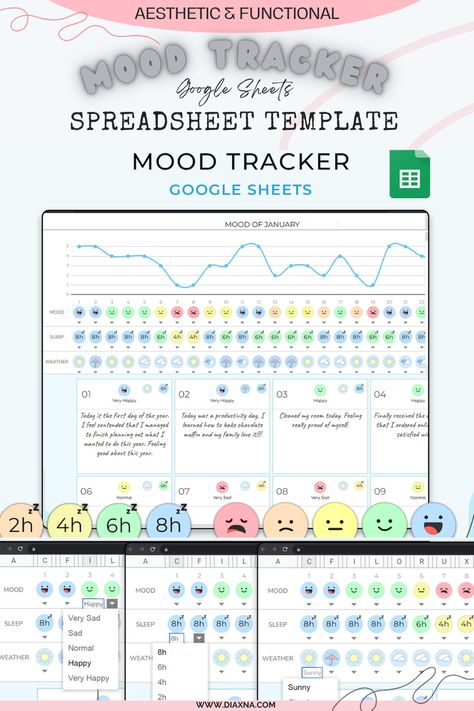 Digital Mood Tracker, Life Tracker, Mood Journal, Spreadsheet Design, Excel Budget Spreadsheet, Digital Clutter, Budget Template Free, Monthly Budget Spreadsheet, Online Planner