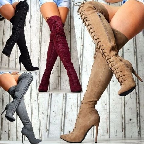 New Women's Autumn and Winter High Heel Long Boots Solid Color Suede Bandage Pointed High Ladies Boots Knee High Boots Women _ - AliExpress Mobile Steampunk Catwoman, Lace Up Boots Women, Heel Boots For Women, Black Thigh High Boots, Thigh High Suede Boots, Black Thigh High, Buy Boots, Thigh High Boots Heels, Suede High Heels