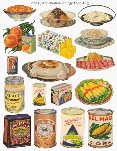 Vintage Food Stickers, Vintage Food Illustration, Vintage Food Packaging, Recipe Collage, Images For Collage, Collage Food, Vintage Food Labels, Vintage Food Posters, Food Collage