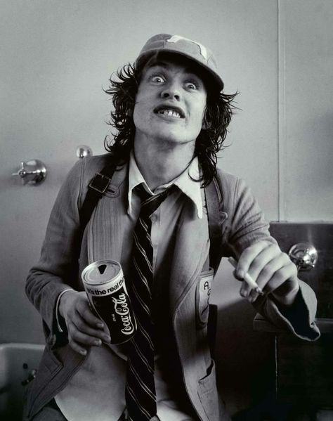 "And remember kids, Coca Cola for a sweet treat". Acdc Angus Young, Acdc Angus, Bon Scott, Angus Young, Mötley Crüe, Music Photo, Rock Legends, Music Icon, Blues Rock