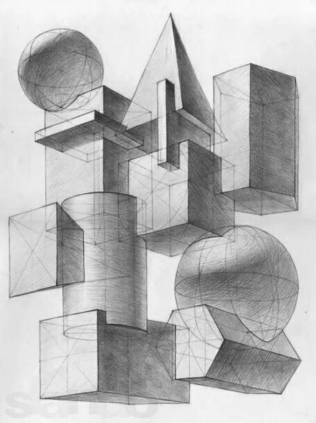 Easy Art Sketches, Geometric Shapes Drawing, Composition Drawing, Geometric Shapes Art, Academic Art, Cool Pencil Drawings, Object Drawing, Geometric Drawing, Perspective Art