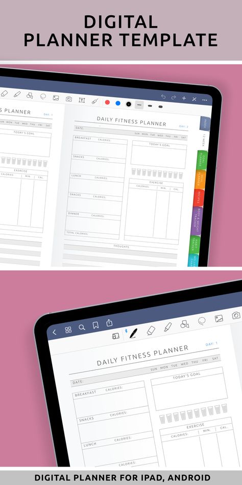 Check out this wonderful Digital Planner Template for tablets. Everything you need will be at your fingertips right on your device! iPad aesthetic organization. Planners and organizers. Notebook ideas. Digital planning. Workout log book. Workout journal ideas planners. Goodnotes notes ideas. Planner design ideas. Workout plan template. Good notes templates free planner. #plannerpdf #notesaesthetictemplate #goodnotesplanner #ipadpronotes #goodnotesipadideas #digitaldailyplanner Workout Journal Ideas Planners, Diy Fitness Journal, Ipad Pro Notes, Gym Tracker, Workout Plan Template, Weekly Fitness Planner, Diy Fitness, Workout Journal, Digital Planner Template