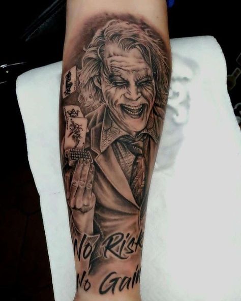 Joker Tattoo Ideas For Men, Risk Tattoo, Joker Tattoo Ideas, Joker Face Tattoo, Calf Sleeve Tattoo, Hahaha Joker, Arm Tattoos Black, Black Men Tattoos, Joker Tattoo Design