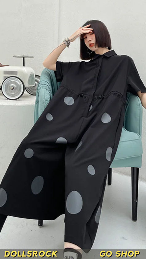 Oversize Polka-Dot Short Sleeve Drawstring Jumpsuits Japanese Overalls, Jumpsuit Diy, Oversized Clothing, Denim Trench Coat, Pocket Jumpsuit, Loose Jumpsuit, Polka Dot Shorts, Summer Fashion Trends, Printed Jumpsuit