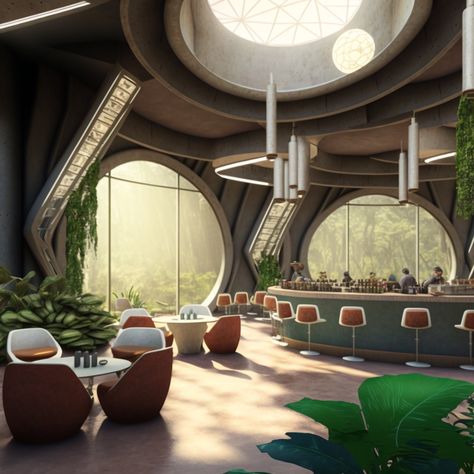 Futuristic Restaurant Concept Art, Futuristic Restaurant Design, Futuristic Cafe Design, Space Cafe Concept Art, Futuristic Cafeteria, Sci Fi Coffee Shop, Futuristic Classroom, Futuristic Restaurant Interior Design, Scifi Restaurant