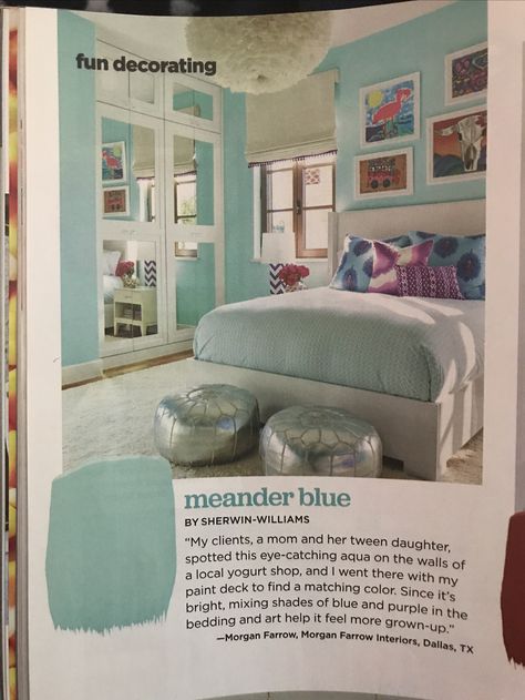 Meander Blue by Sherwin Williams Sherwin Williams Blue Sky, Sw Meander Blue, Sherwin Williams Meander Blue, Meander Blue Sherwin Williams, Aqua Blue Bedroom, Girls Bedroom Paint Colors, Bathroom Ideas Color, Teal Paint Colors, Sherwin Williams Blue