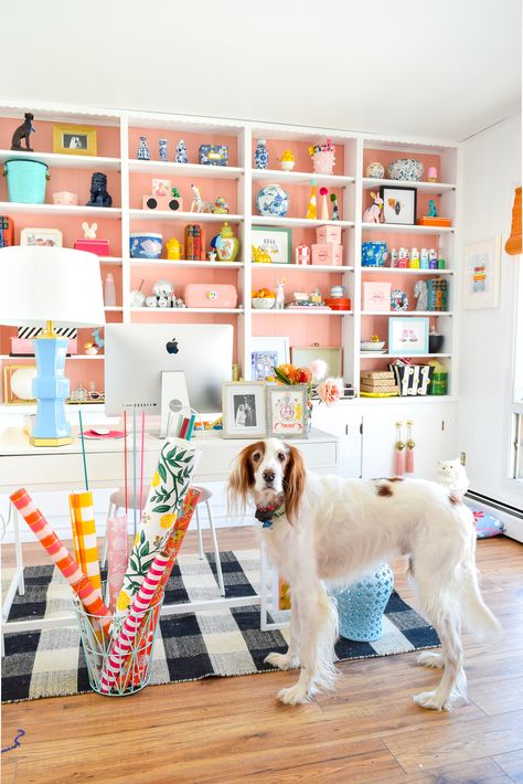 We painted our wood panelling in a bright white and Noble Blush (pink) from BEHR paint, to create a feminine and colourful home office space. Pink Home Offices, Home Office Vintage, Pink Home Office, Wood Panelling, Cool Office Space, Colourful Home, Plaid Rug, Work Office Decor, Office Renovation