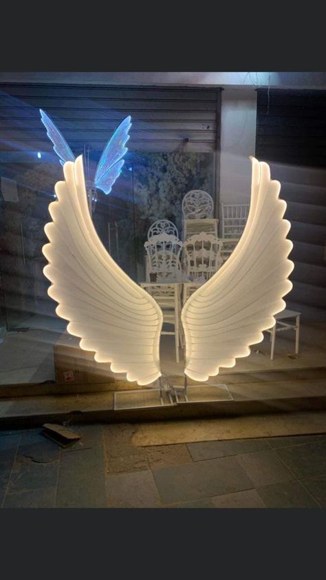 Angel Wings Backdrop, Diy Backdrop Stand, Unique Event Decor, Pvc Backdrop, Altar Design, Angel Theme, Metal Wedding Arch, Wedding Entrance Decor, Lights Wedding Decor