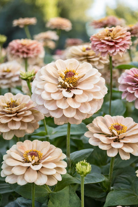 A vibrant display of muted zinnia flowers in a cut flower garden, showcasing beautiful blooms and amazing flowers ideal for a dream garden and flower farm garden beds. Zinnia Flowers For Wedding, Zinnia Border, Zinnias Garden Ideas, Zinnia Varieties, Flower Zinnia, Zinnias Flowers, White Zinnia, Zinnia Bouquet, Flowers For Algernon