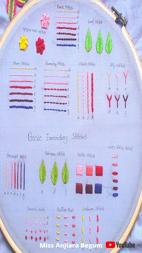 There are easily more than 300 hand embroidery stitches with all the variants. But some of them are mostly used in our embroidery projects. So I have selected some of them in my today's tutorial. And named the title "Embroidery stitches for beginners, Basic embroidery stitches, Begining embroidery kit, मूल सिलाई" I believe, if you practice those embroidery at home, you can easily complete most of the project. I hope these basic hand embroidery stitches will be helpful for beginners. How To Learn Stitching At Home, Beginning Embroidery Tutorials, Basic Embroidery Designs For Beginners, Name Stitching Hand Embroidery, Beginning Embroidery Stitches, Hand Embroidery Kits For Beginners, Types Of Embroidery Stitches With Names, Embroidery Stitches Names, Types Of Stitches Embroidery