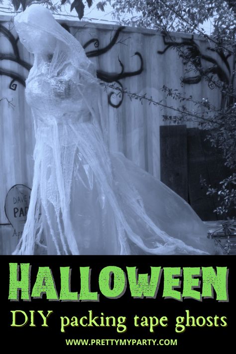 10 Packing Tape Ghost Ideas - DIY Halloween Decorations Diy Packing Tape Ghost Tutorial, Diy Ghoul, Awesome Diy Halloween Decorations, Packing Tape Ghost, Tape Ghost, Castle Classroom, Ghost Ideas, Outdoor Ghosts, Diy Halloween Ghosts