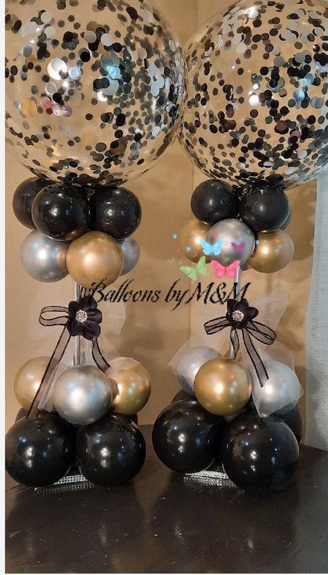 Ballon Table Centerpieces Birthday, Mr Onederful Centerpiece Ideas, Black And Gold Balloon Centerpieces, Men’s Birthday Party Centerpieces, Balloons Centerpieces Ideas, Elegant Balloon Centerpieces, Black And Gold Party Centerpieces, Black And Silver Centerpieces, Retirement Centerpiece Ideas