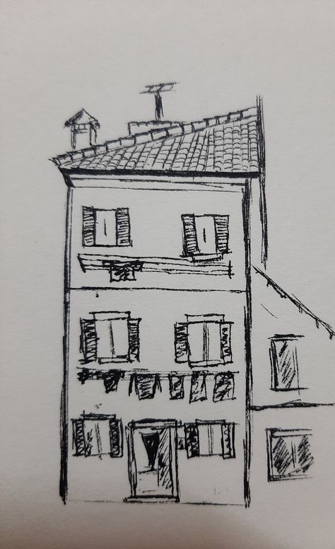 Easy Rough Sketches, Drawing Buildings Sketch Simple, Pen Only Drawing, 2d Sketch Art, Engineering Sketches Drawings, Black And White Sketches Simple, Building Pen Sketch, Building Pen Drawing, Sketch Ideas With Pen