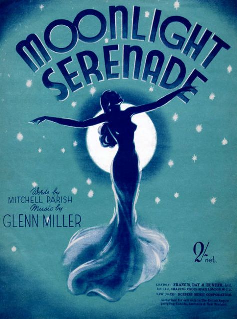 Vintage sheet music for "Moonlight Serenade" - Glenn Miller (1939) Full Moon In Sagittarius, Moonlight Serenade, Cover Design Inspiration, Glenn Miller, Sheet Music Art, Old Sheet Music, Vintage Moon, Music Cover, Vintage Sheet Music