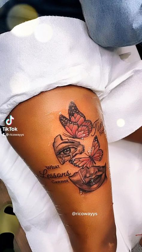 Tattoos For Black Skin Women, Time Heals Tattoo, Front Thigh Tattoos, Calf Tattoos For Women, Butterfly Thigh Tattoo, Black People Tattoos, Cute Thigh Tattoos, Girl Thigh Tattoos, Tattoo Shoulder