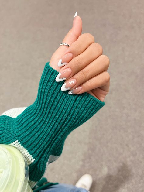 white french tip with letter design French Tip With Letter, French Tip With A Twist, Letter Nails, White French Tip, White French, Letter Design, Ring Finger, Lettering Design, Fingerless Gloves