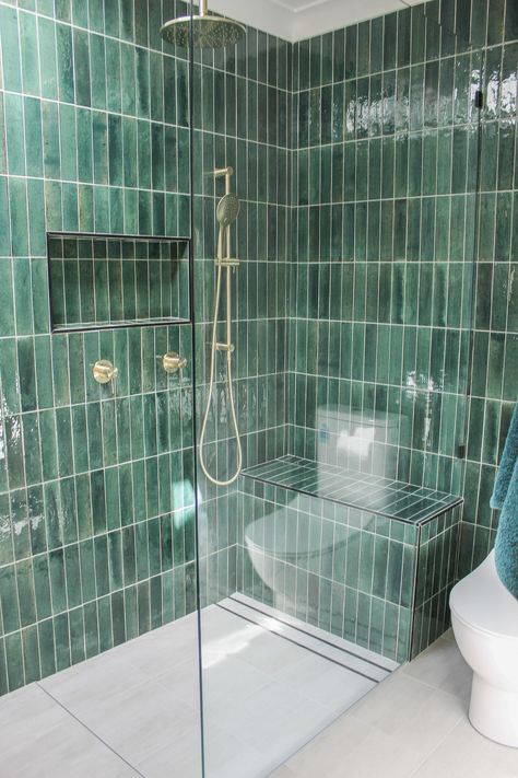 2024 Bathroom Renovation Trends - On The Ball Bathrooms Blue And Green Tile Bathroom, Green Bathroom Wood Vanity, Blue Green Bathroom Tile, Blue Green Tile Bathroom, Sea Green Bathroom, Green And Blue Bathroom, Deep Green Bathroom, Brushed Gold Bathroom Fixtures, Emerald Bathroom