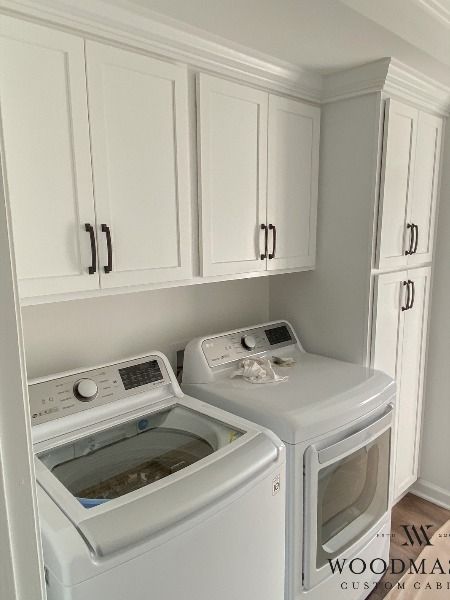 #woodmastercustomcabinets #customcabinets #cabinetshop #cabinetmaker #interiordesign #builtin #builtins #raleighnc #durhamnc #wakecounty #northcarolina #houzz #myhouzz #customdesign #interiors #laundryroom #laundryroomgoals #laundryday #laundrycabinets #shakercabinets #whitecabinets #blackhardware Laundry Room Built Ins Stackable, Cabinets Built Around Washer And Dryer, Storage Around Washer And Dryer, Shallow Laundry Room Cabinets, Cabinets Above Laundry Washer And Dryer, Garage Laundry Cabinets, Small Laundry Room With Drop Zone, Recessed Washer And Dryer, Small Laundry Room Ideas Tall Cabinet