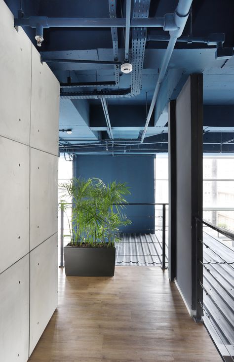 Lufthansa Offices - São Paulo | Office Snapshots Dark Blue Office, Warehouse Office Design, Concrete Office, Employee Wellbeing, Exposed Ceilings, Dark Blue Paint, Office Ceiling, Open Ceiling, Blue Ceilings