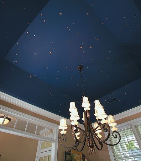 Constalation Ceiling, Dark Blue Ceiling With Stars, Blue Ceiling With Stars, Midnight Blue Ceiling, Ocean Blue Room Ideas, Painted Ceiling Stars, Blue Ceiling Gold Stars, Navy Blue Ceiling Bedroom, Stars Painted On Ceiling