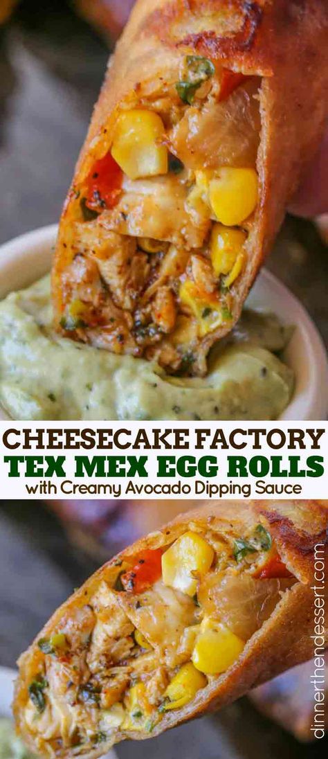 Cheesecake Factory Tex Mex Egg Rolls Copycat made with spiced chicken, beans, corn, bell peppers, onions, garlic, cilantro and cheddar cheese in a crispy egg roll with creamy avocado cilantro dipping sauce. #cheesecakefactory #cheesecakefactoryrecipes #copycatrecipes #easyrecipes #recipes #texmex #eggrolls #dinnerthendessert #appetizer #appetizers #appetizerrecipes Tex Mex Egg Rolls, Cilantro Dipping Sauce, Chicken Beans, Banana Split Dessert, Crispy Egg, Recipes Italian, Spiced Chicken, Egg Roll Recipes, Cheesecake Factory