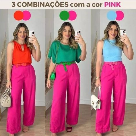 Fucsia Pants Outfit, Pantalon Rosa Outfit, Pink Trousers Outfit, Pink Pants Outfit, Colour Combinations Fashion, Look Office, Color Combos Outfit, Color Blocking Outfits, Color Combinations For Clothes