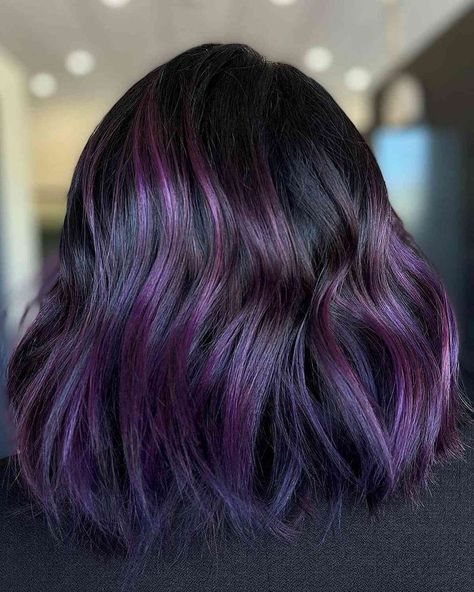 Deep Purple Balayage on Shoulder-Length Hair Partial Balayage Highlights, Ombre For Dark Hair, Base Hair Color, Deep Purple Hair, Purple Hair Color Ombre, Hair Color Ideas For Brunettes Short, Dark Hair Dye, Partial Balayage, Dark Ombre Hair